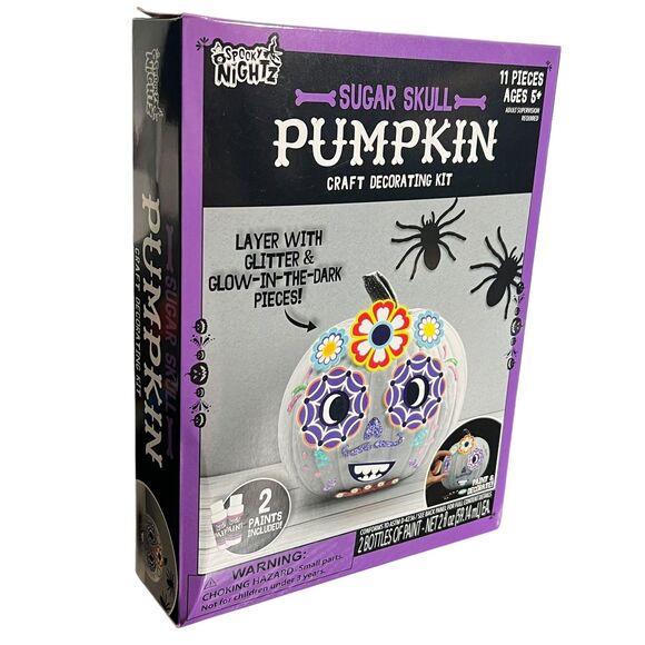 Spooky Nightz Sugar Skull Pumpkin Craft Kit 11pc Halloween Glow Glitter DIY Ages - Picture 2 of 11
